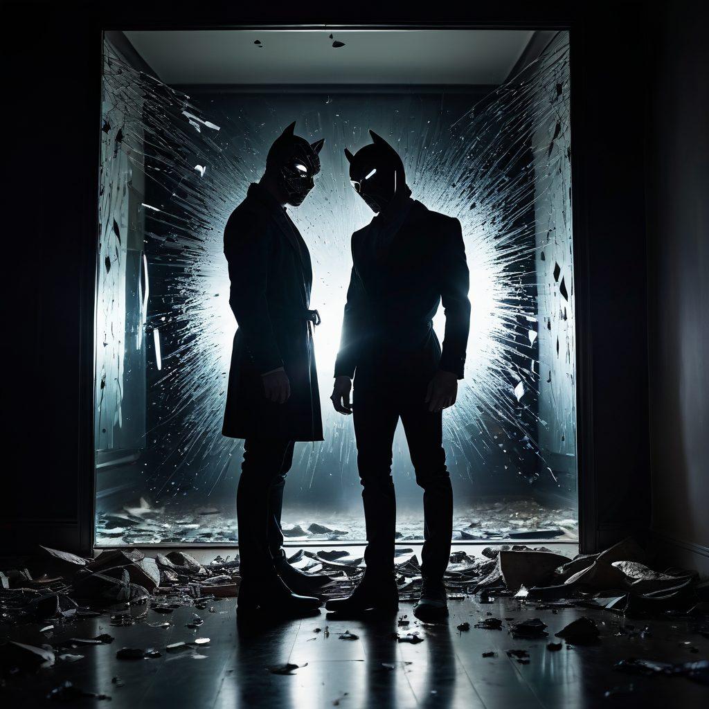 A dramatic scene capturing a masked figure standing in front of a shattered mirror, symbolizing the duality of fantasy and reality in adult entertainment. Shadows of exaggerated fantasies loom in the background, while a spotlight highlights the figure's contemplative expression. Subtle hints of adult-themed symbols artfully integrated into the shattered glass fragments. A surreal, provocative atmosphere that challenges perceptions. surrealism. vibrant colors. moody lighting.