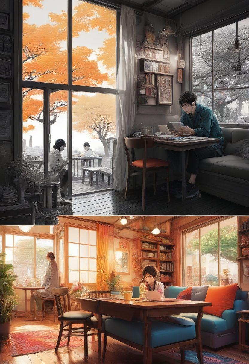 A striking juxtaposition of a colorful, vibrant adult manga cover on one side, with its fantastical characters and exaggerated features, contrasted against a muted, realistic setting depicting the everyday life of a person reading it. Include elements like a person in casual attire immersed in reading, emotional expressions, and thought bubbles showing the contrast of fantasy vs reality. The overall composition should capture the complexity and allure of adult manga while highlighting its deeper implications. super-realistic. vibrant colors. grayscale elements.